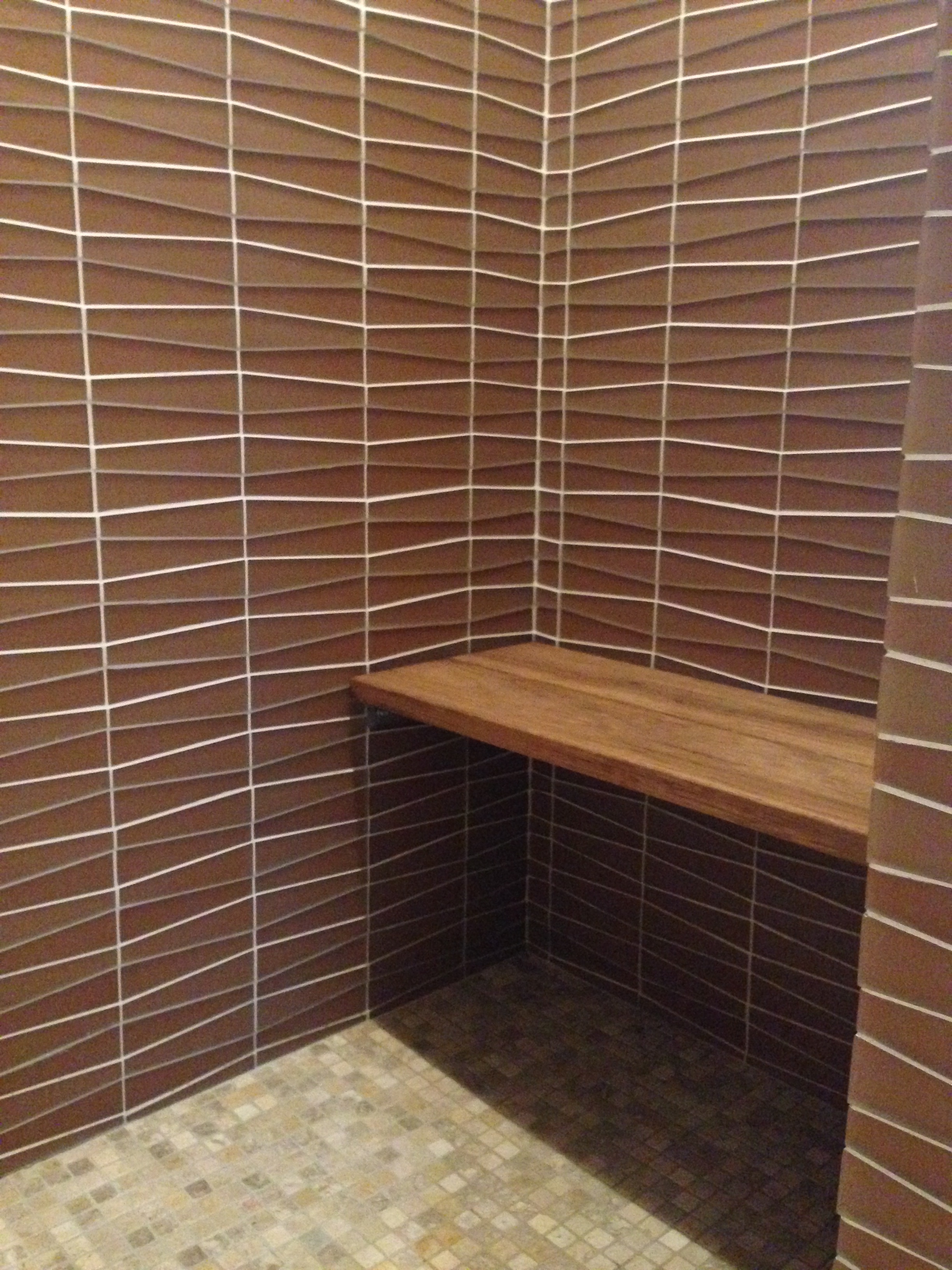 Teak Bench, Glass tiles, stone floor